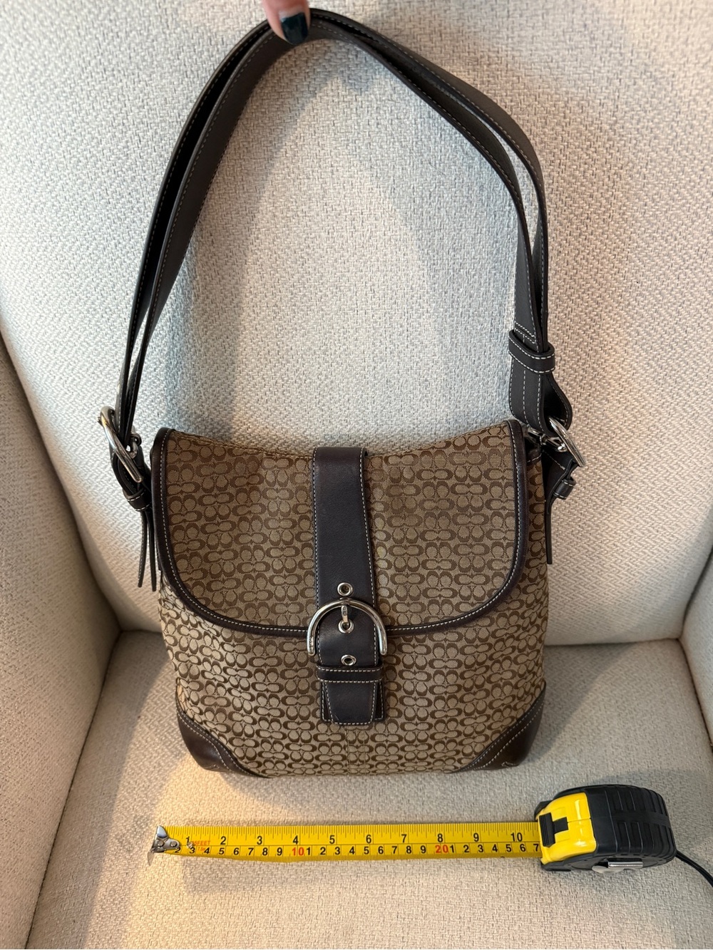 Coach Brown Monogram Shoulder Bag with Dark Brown Leather Trim